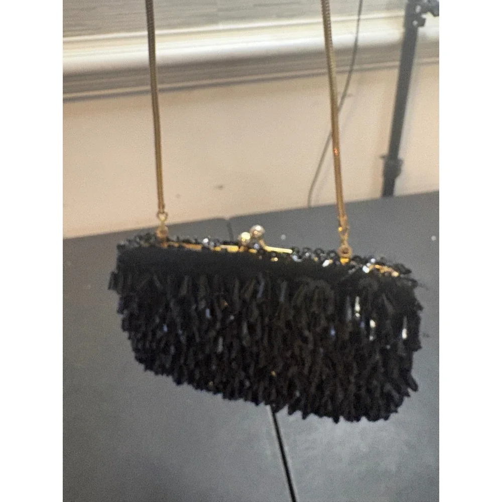 Vintage Black Sequin Beaded Fringe Evening Clutch Handmade Hong Kong Gold Chain